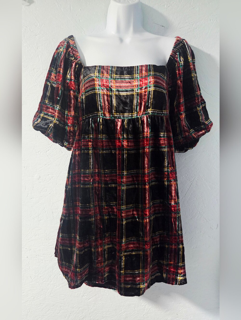 NWT Aubrey Parks Francesca's Velvet Plaid Babydoll Dress - L